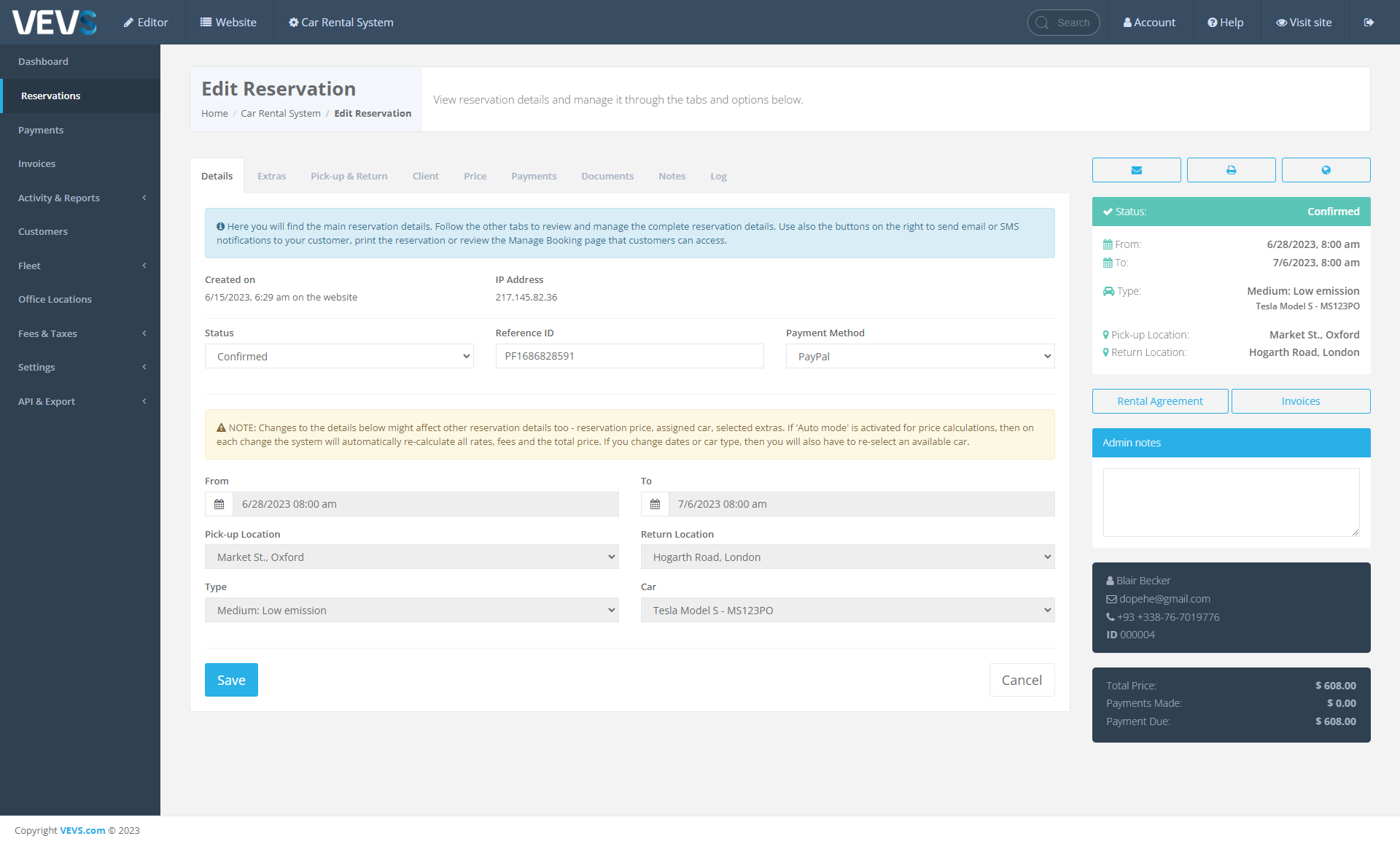 screenshot of VEVS Rental Software